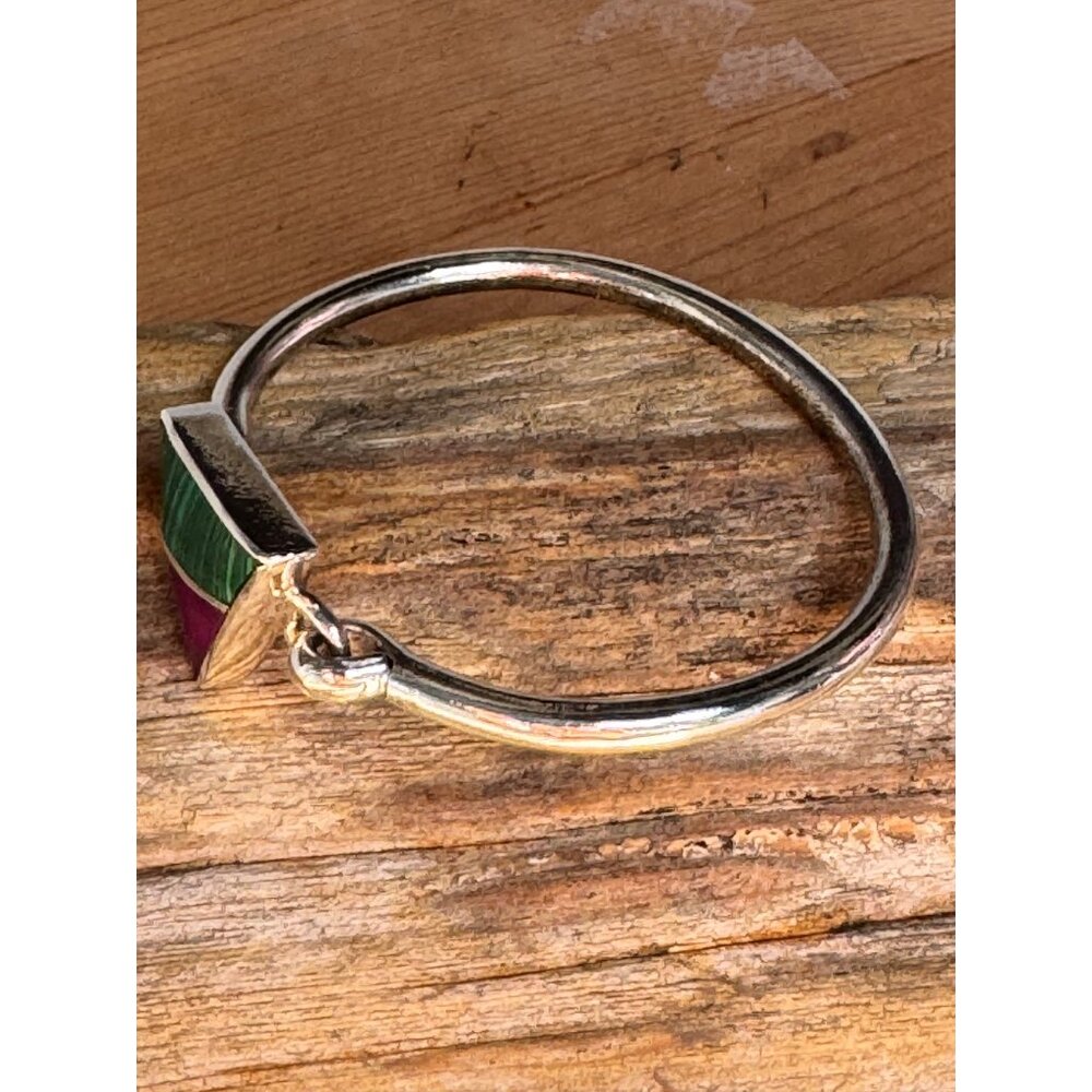 Sterling Silver Triangle Bangle Hinged Bracelet With Malachite Sugilite Inlay - Picture 4 of 8
